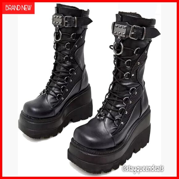 Shoes - Women's Platform Combat Boots Chunky Heel Mid Calf Motorcycle Boots